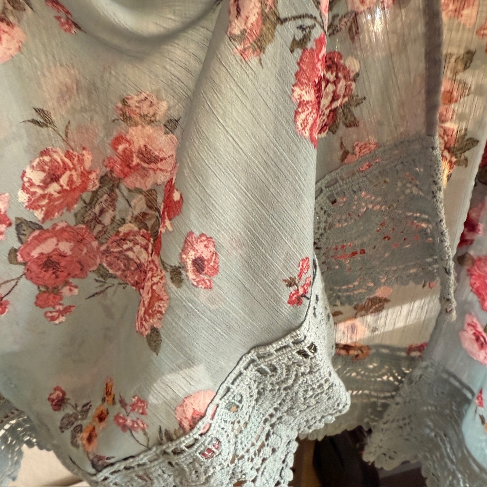 Floral Sheer Kimono Duster with Crochet Light Blue Pink Boho Layering Romantic - Picture 13 of 16